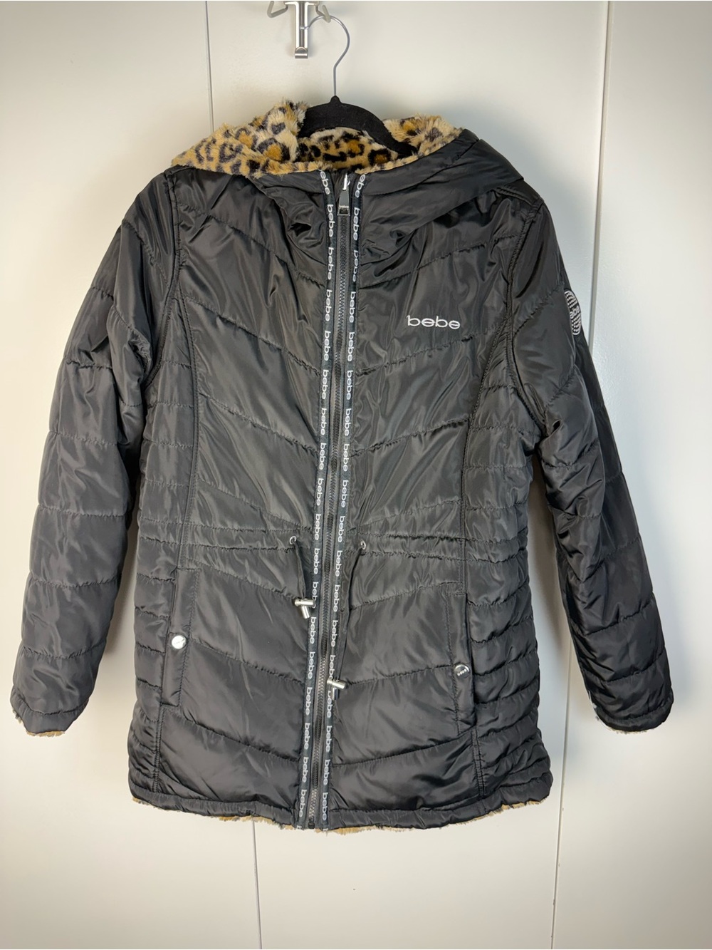 bebe Black Puffer Jacket with Leopard Print Hood Lining